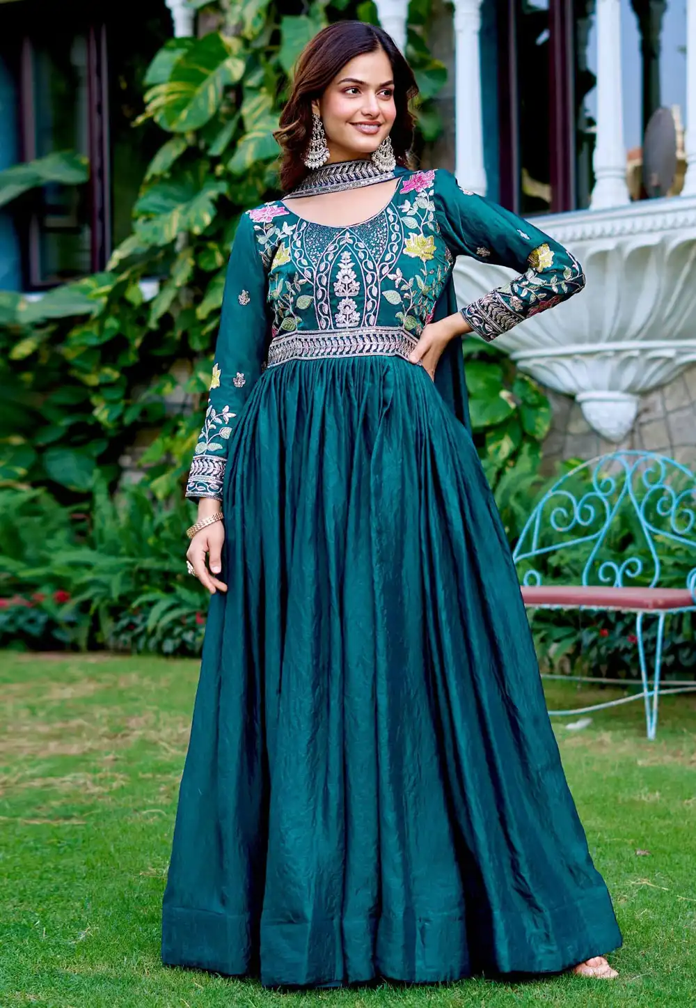 Teal Silk Readymade Long Anarkali Suit 316858