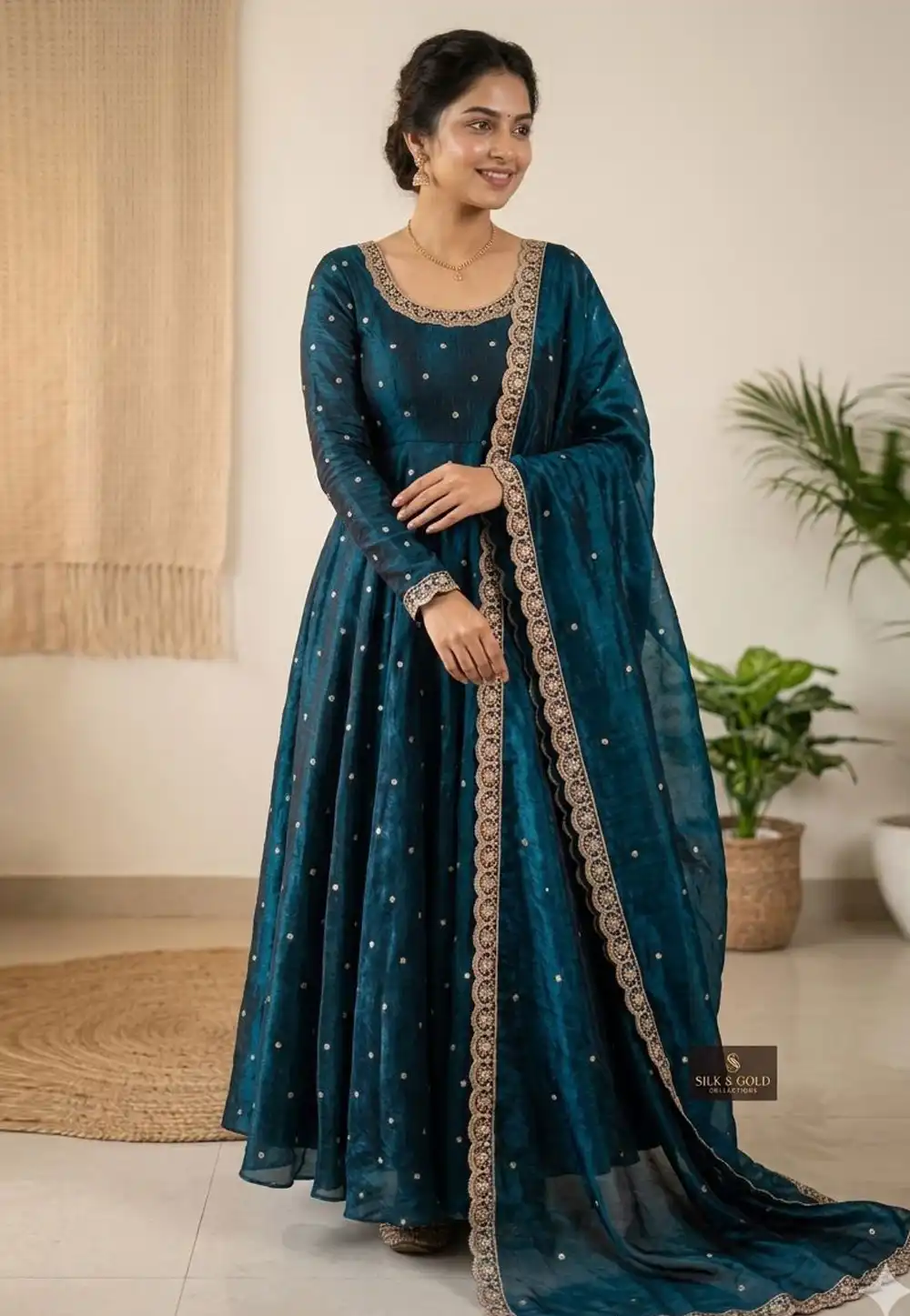 Teal Silk Readymade Long Anarkali Suit 329628