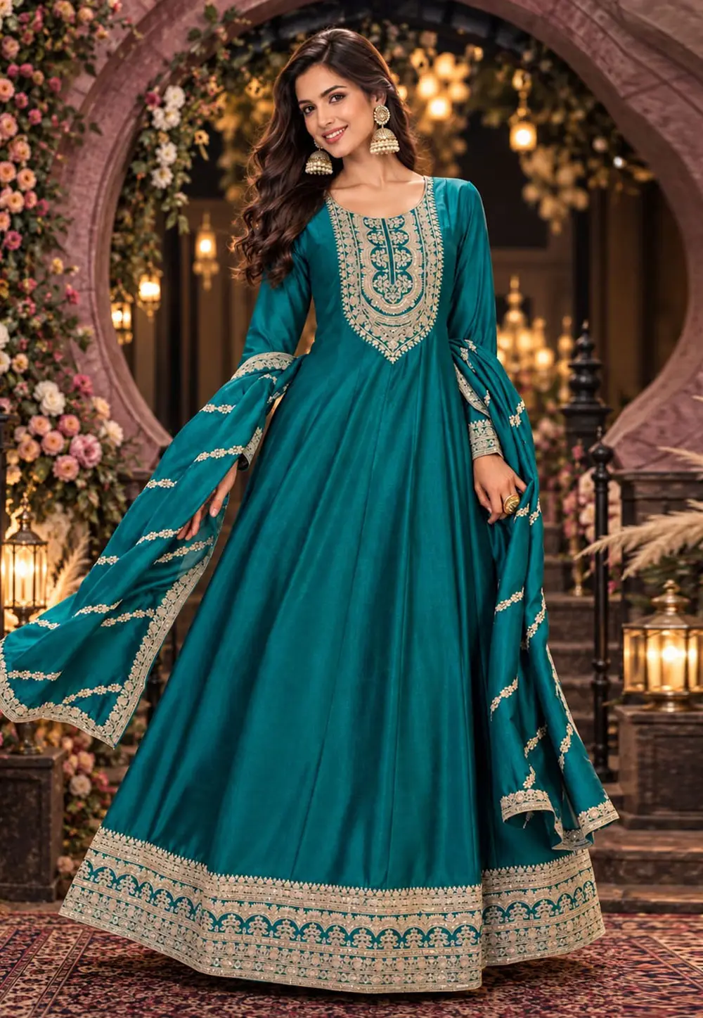 Teal Silk Readymade Long Anarkali Suit 335138