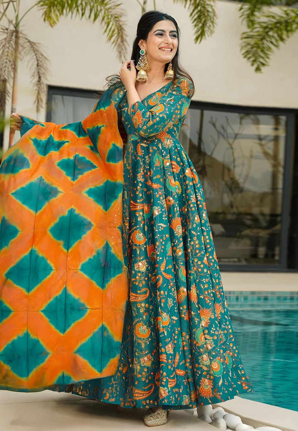 Teal Silk Readymade Long Anarkali Suit 311629