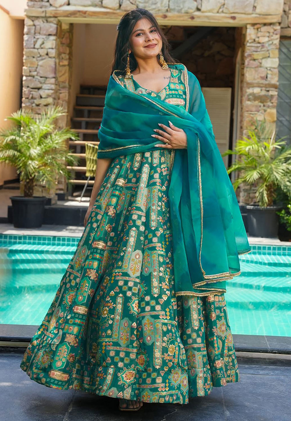 Teal Silk Readymade Long Anarkali Suit 311631