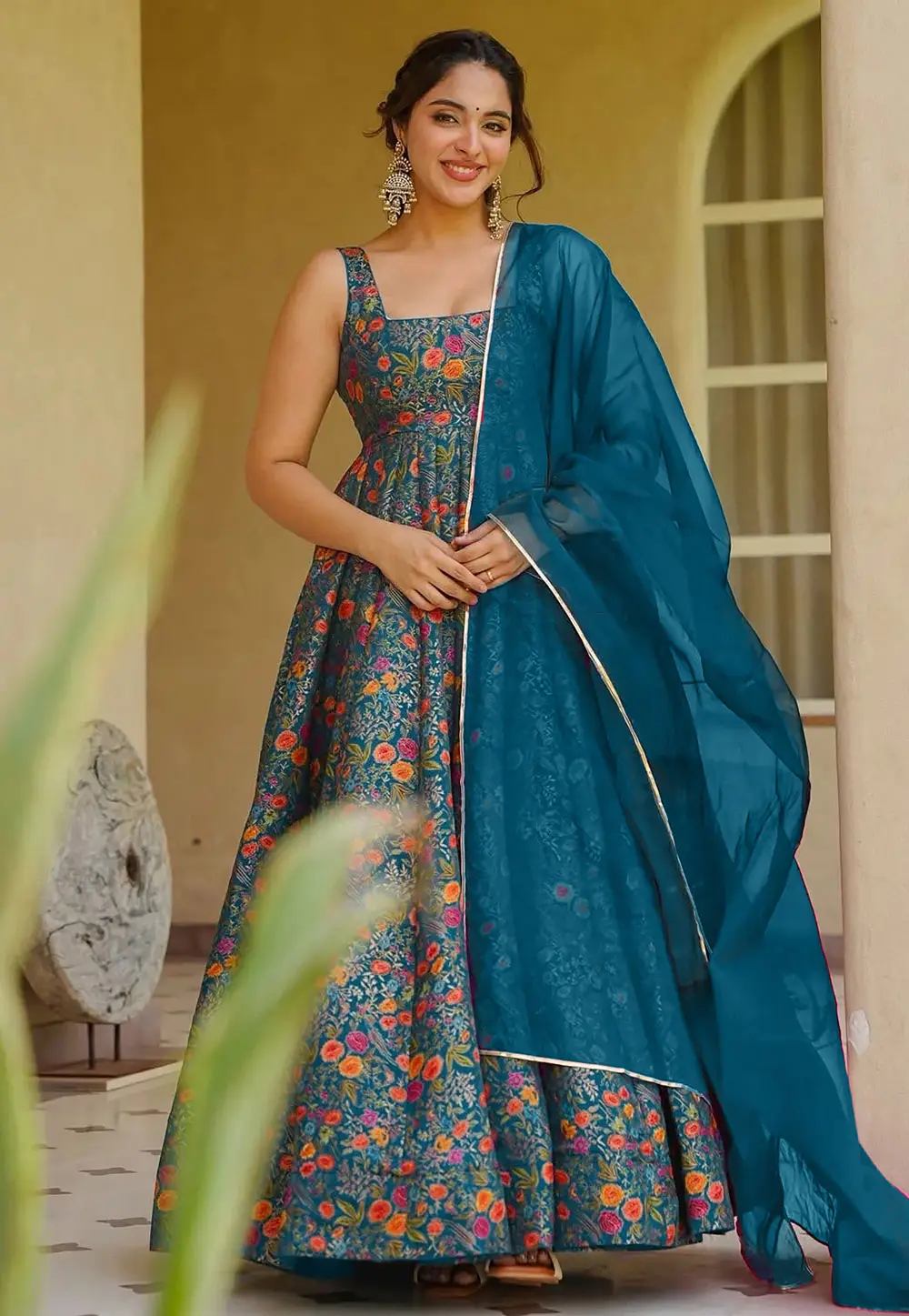 Teal Silk Readymade Long Anarkali Suit 332563
