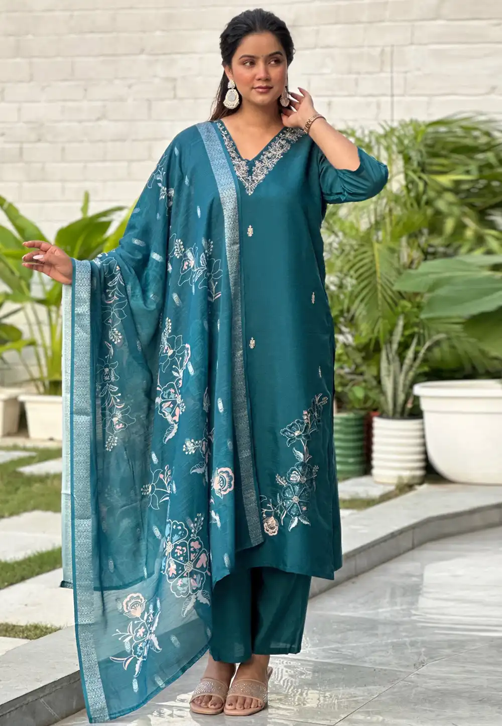 Teal Silk Readymade Pakistani Suit 325422