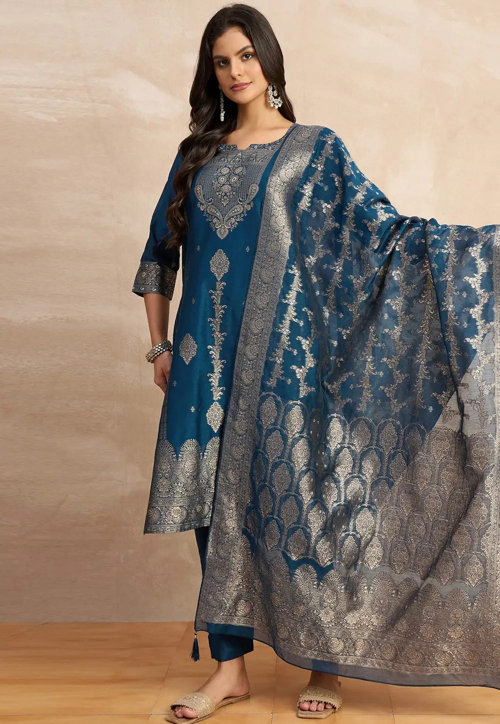 Teal Silk Readymade Pakistani Suit 331048