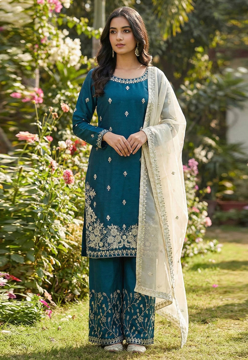 Teal Silk Readymade Pakistani Suit 322052