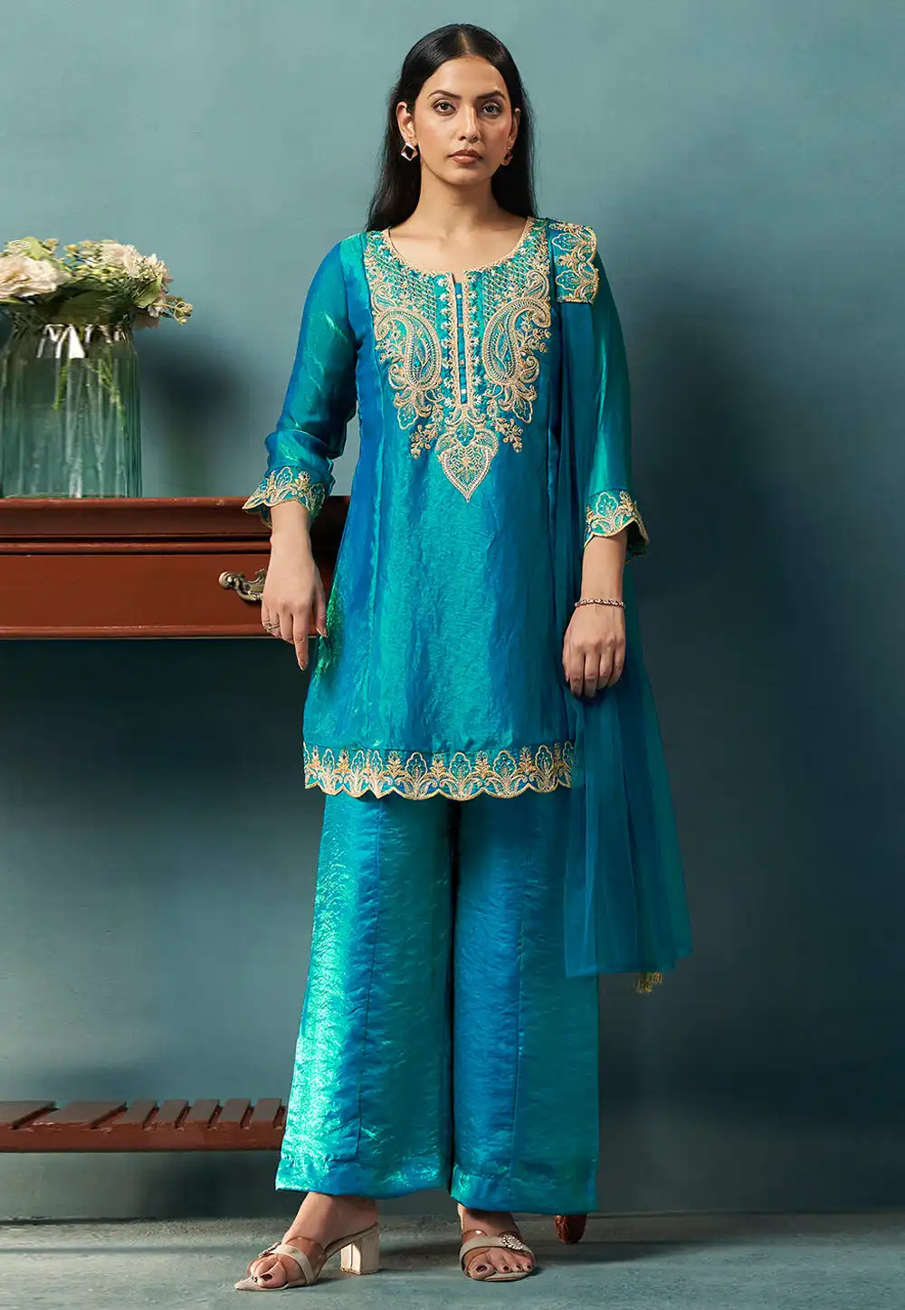 Teal Silk Readymade Pakistani Suit 330007