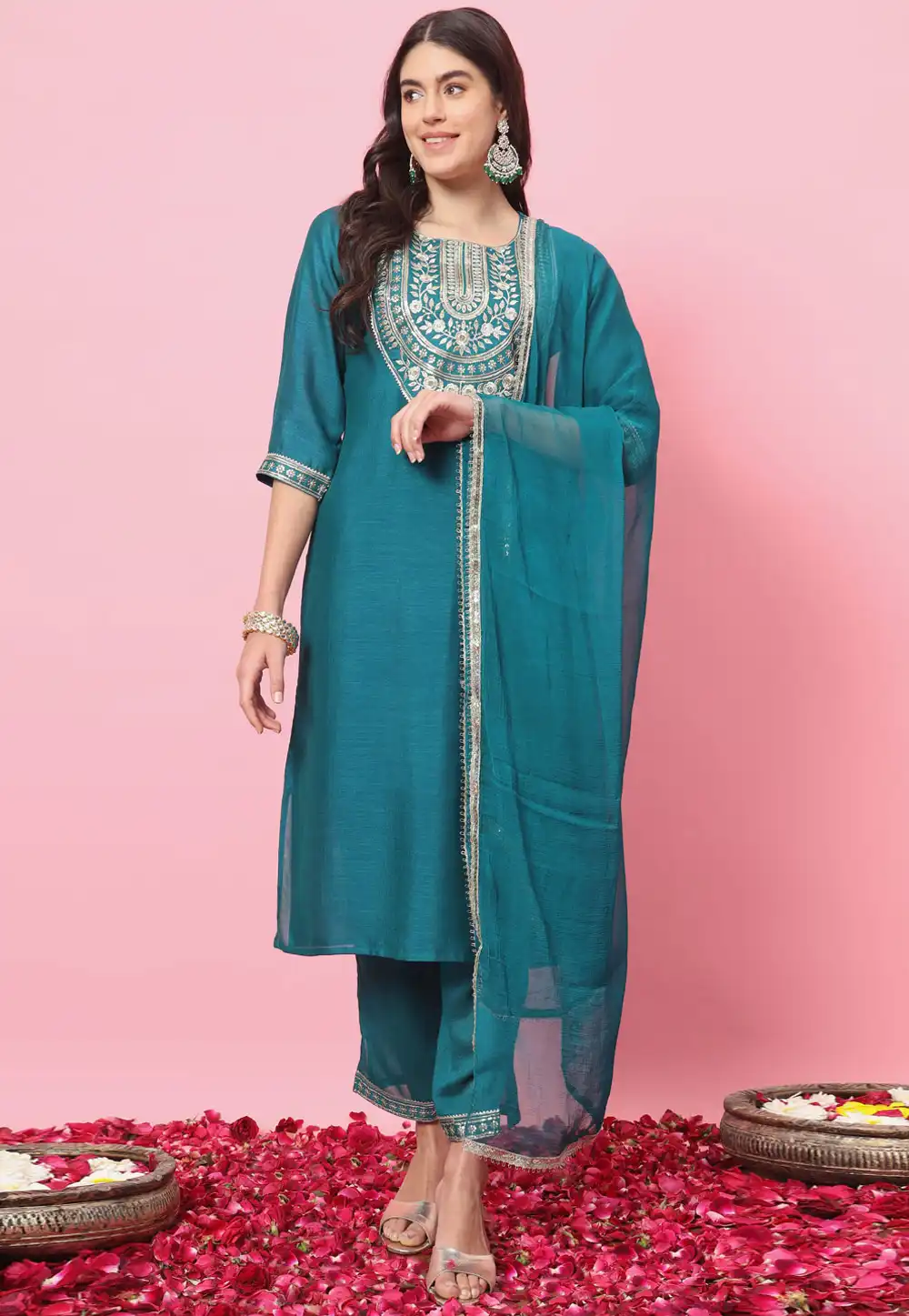 Teal Silk Readymade Pakistani Suit 324930