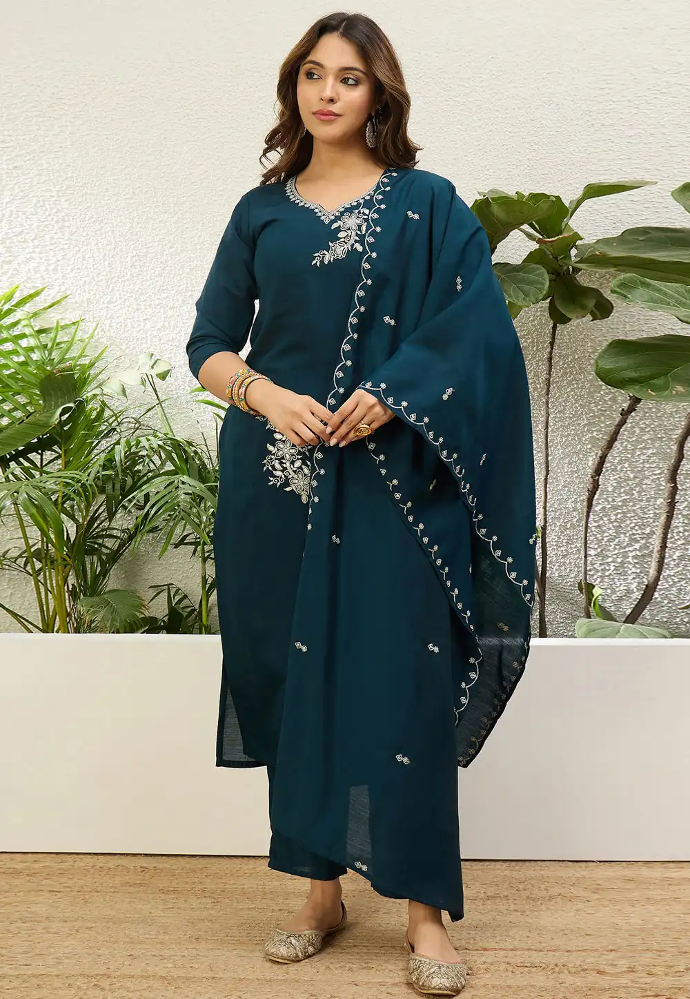 Teal Silk Readymade Pakistani Suit 329578