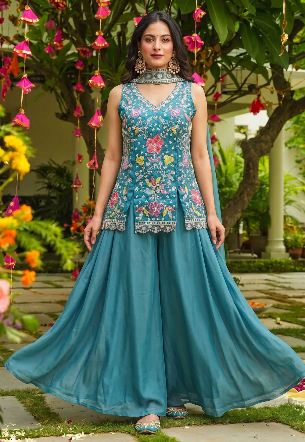 Teal Silk Readymade Pakistani Suit 336049