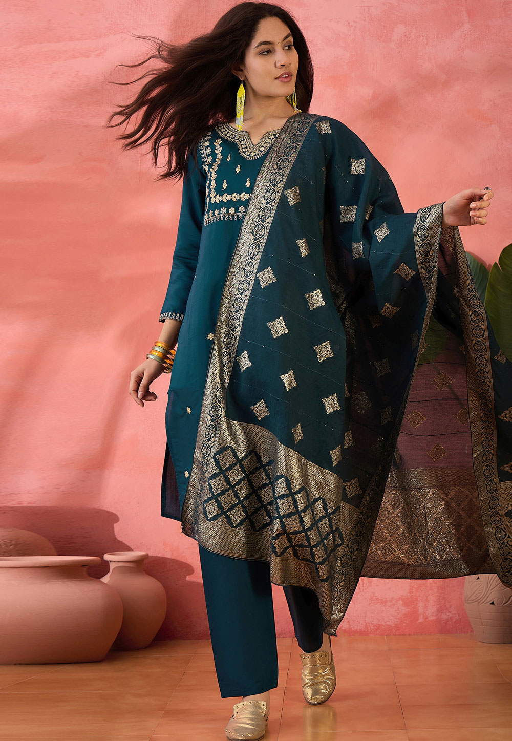 Teal Silk Readymade Pakistani Suit 308388