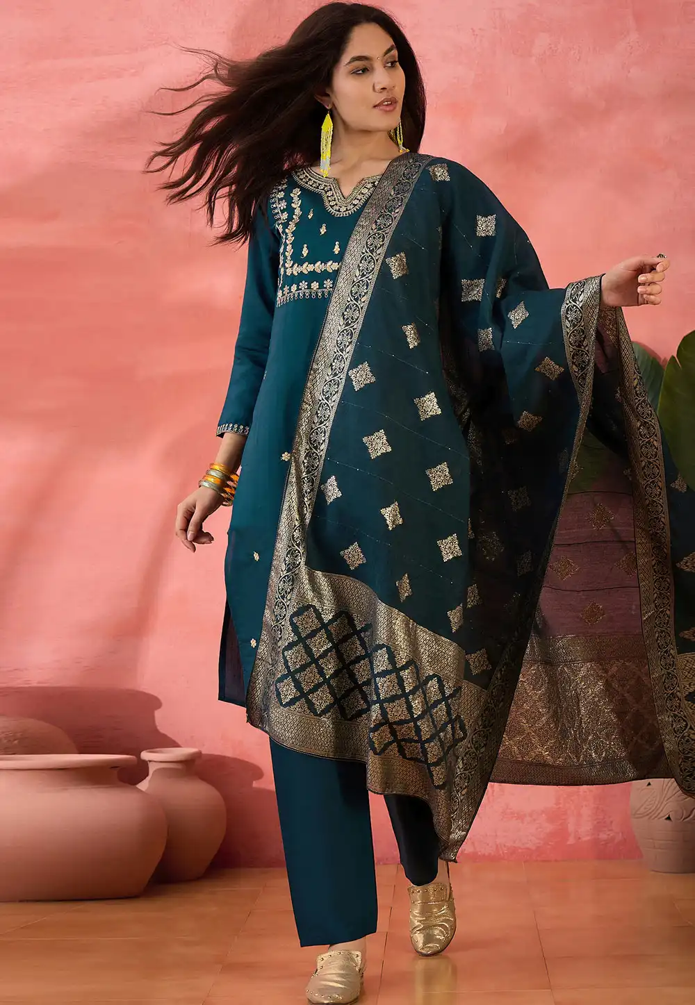 Teal Silk Readymade Pakistani Suit 308388
