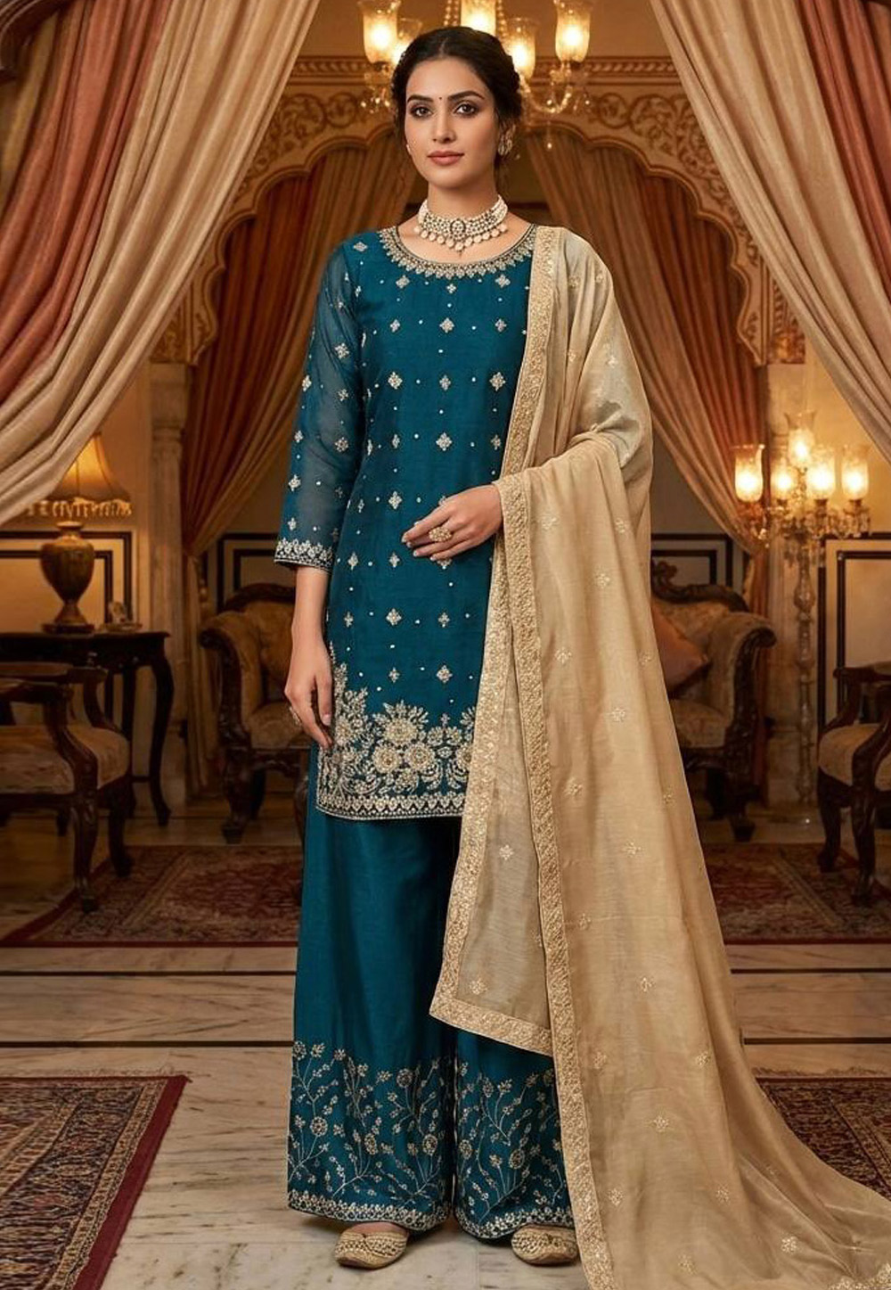 Teal Silk Readymade Palazzo Suit 321466