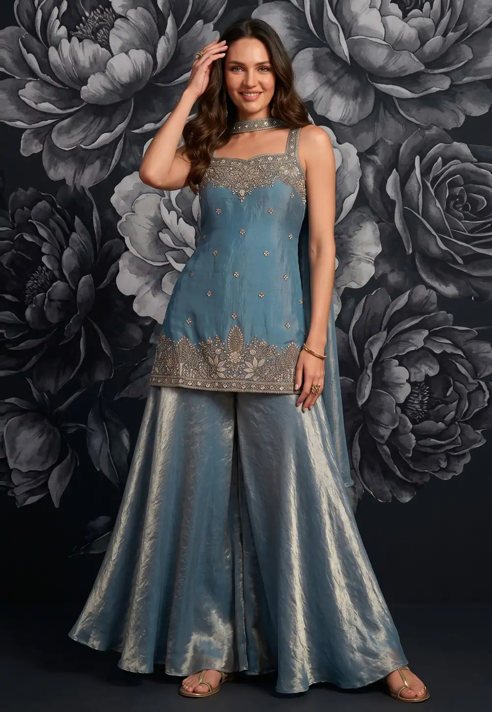 Teal Silk Readymade Palazzo Suit 330901