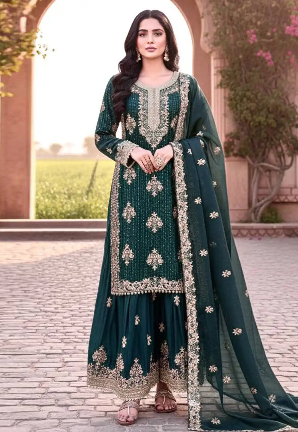 Teal Silk Readymade Palazzo Suit 322220