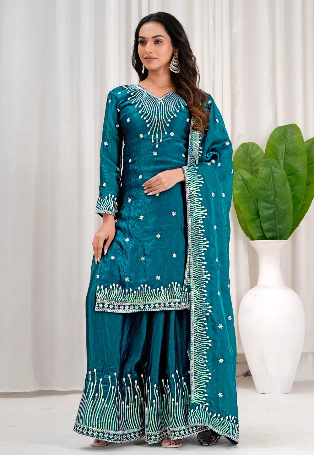 Teal Silk Readymade Palazzo Suit 337065