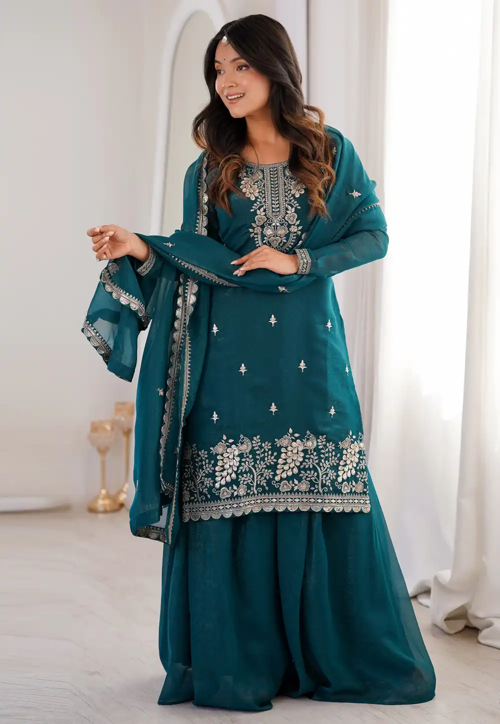 Teal Silk Readymade Palazzo Suit 325478
