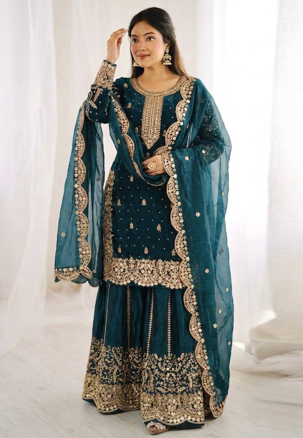 Teal Silk Readymade Palazzo Suit 329098