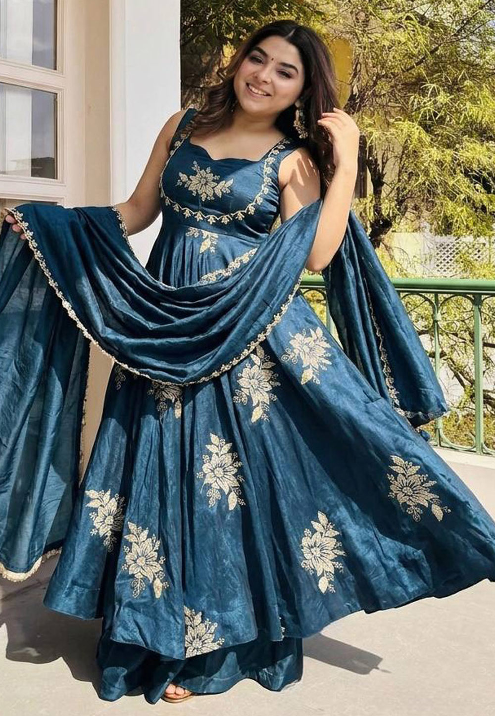 Teal Silk Readymade Palazzo Suit 327944
