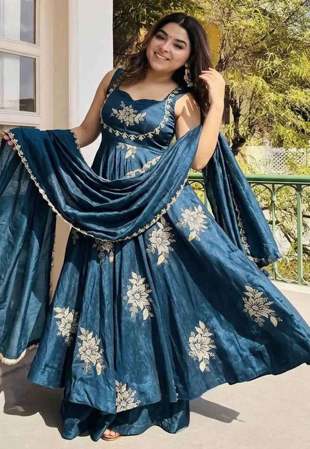 Teal Silk Readymade Palazzo Suit 327944