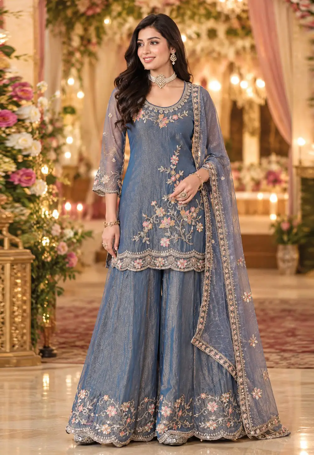 Teal Silk Readymade Palazzo Suit 337167