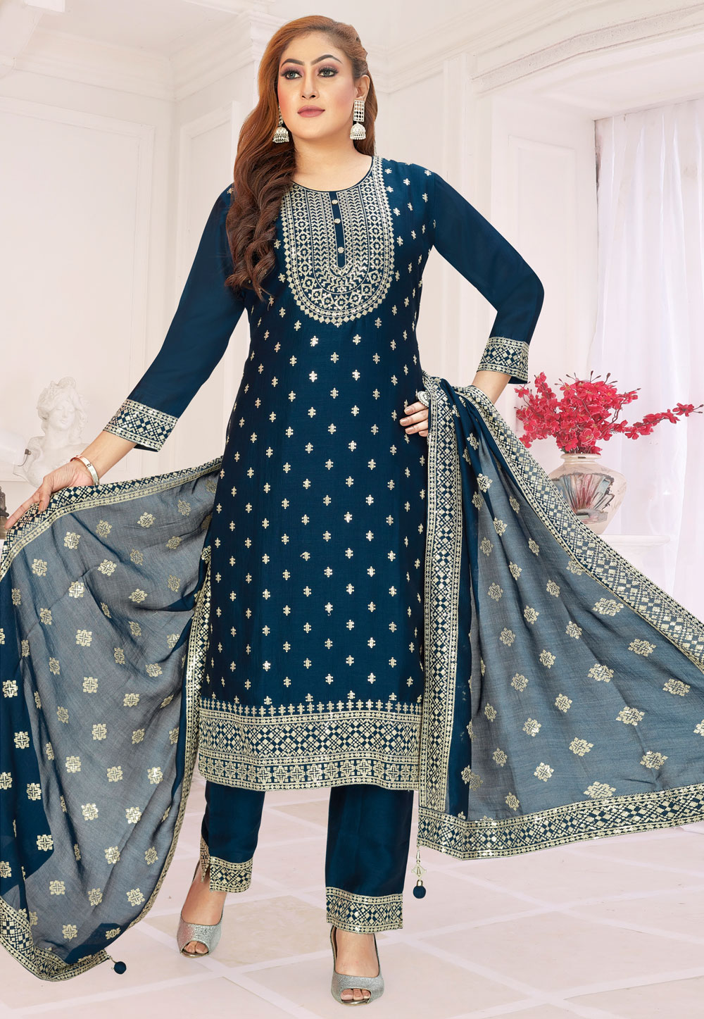 Teal Silk Readymade Pant Style Suit 305036