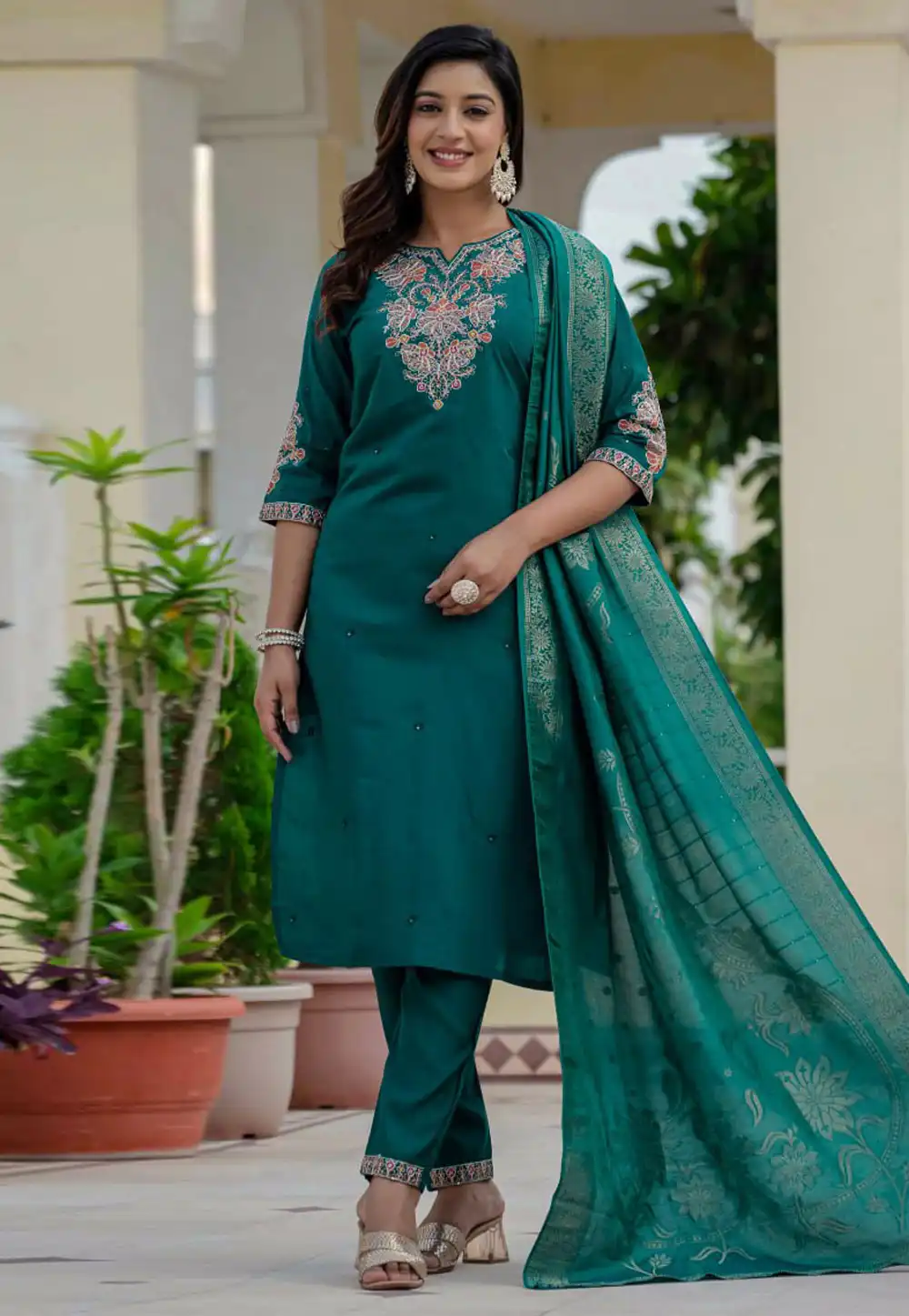 Teal Silk Readymade Pant Style Suit 317454