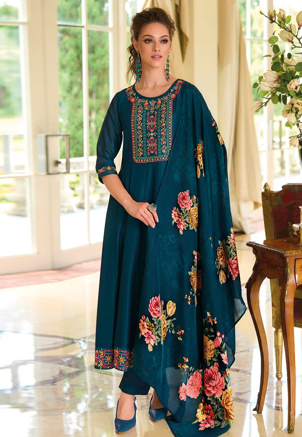 Teal Silk Readymade Pant Style Suit 307127