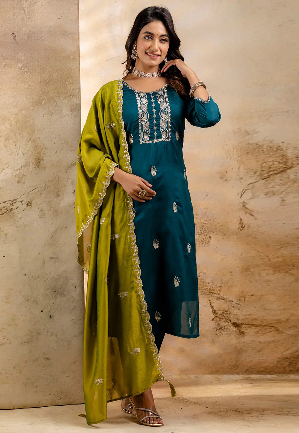 Teal Silk Readymade Pant Style Suit 308086