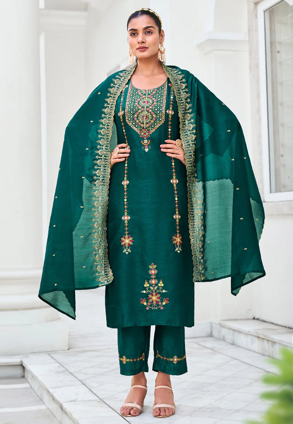 Teal Silk Readymade Pant Style Suit 308731