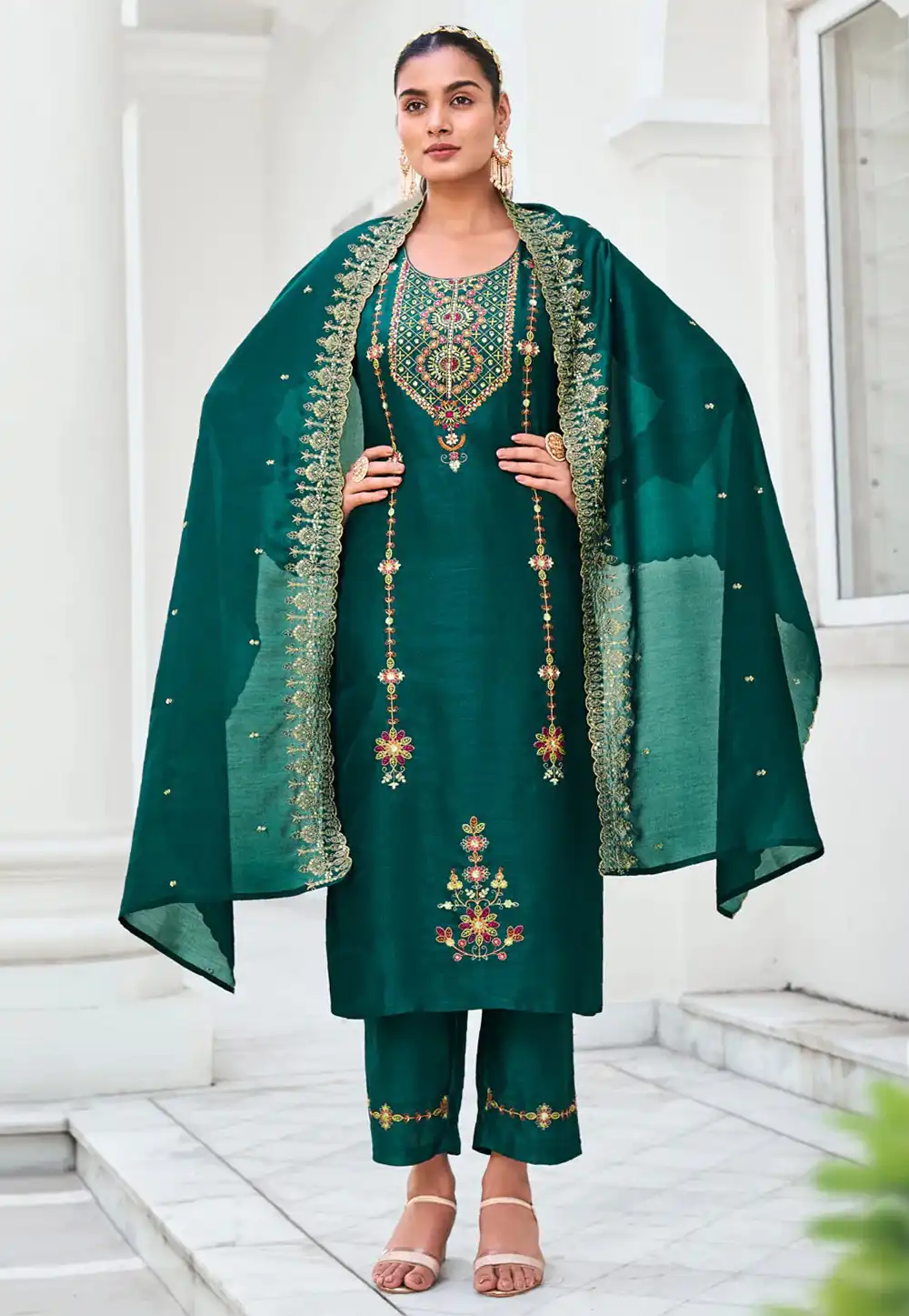 Teal Silk Readymade Pant Style Suit 308731