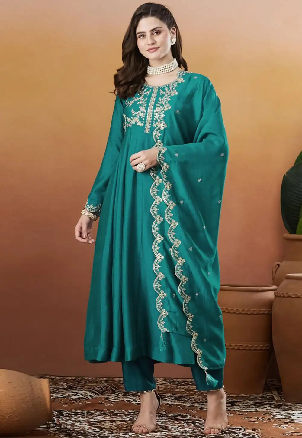 Teal Silk Readymade Pant Style Suit 321935
