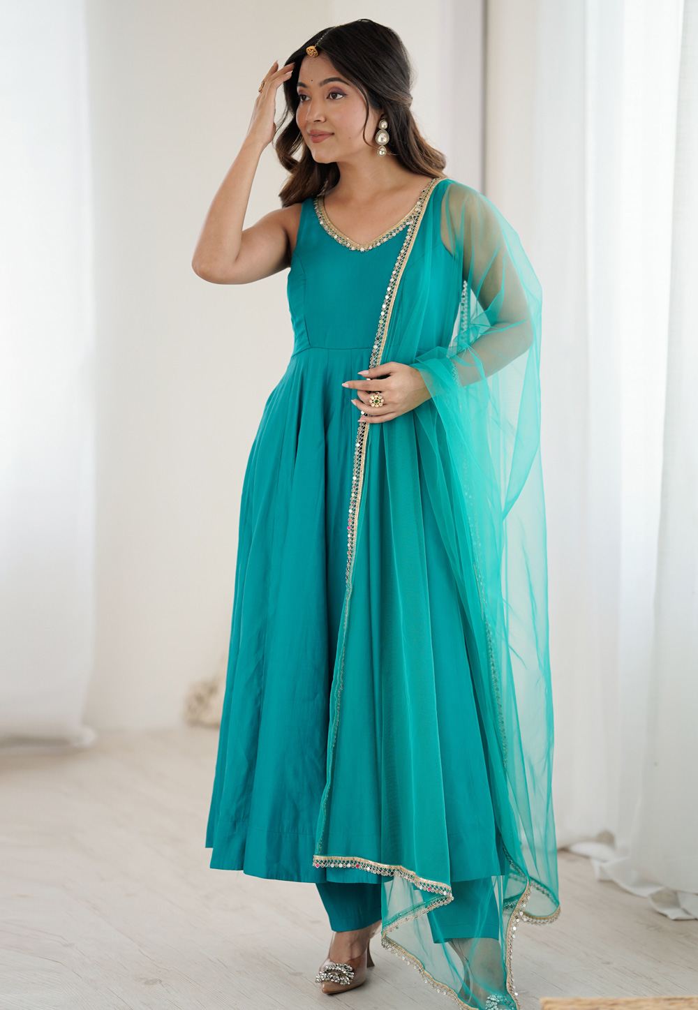 Teal Silk Readymade Pant Style Suit 323642