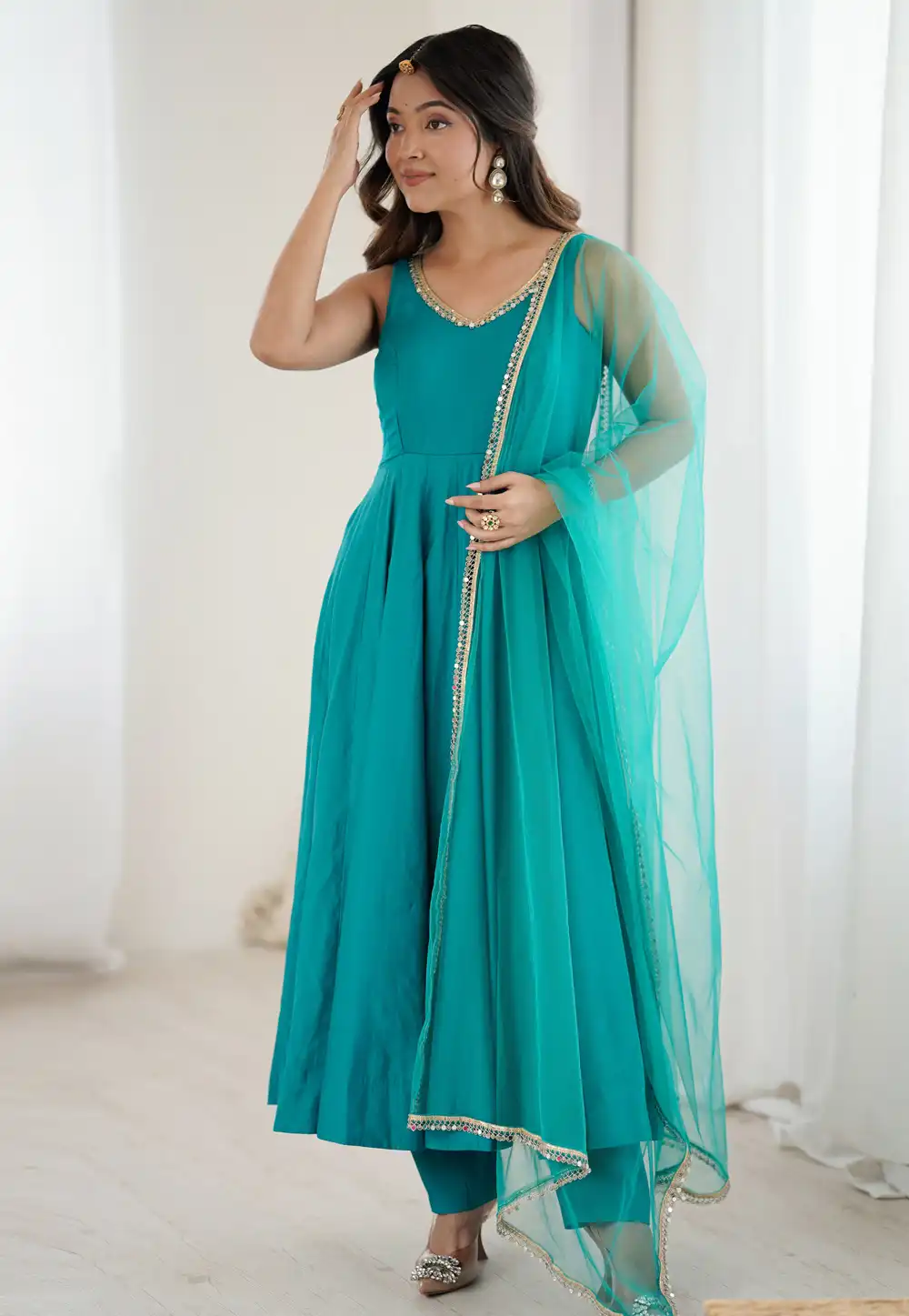 Teal Silk Readymade Pant Style Suit 323642
