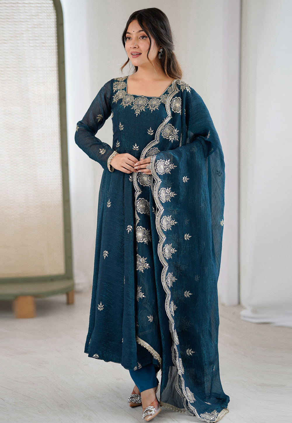 Teal Silk Readymade Pant Style Suit 324440