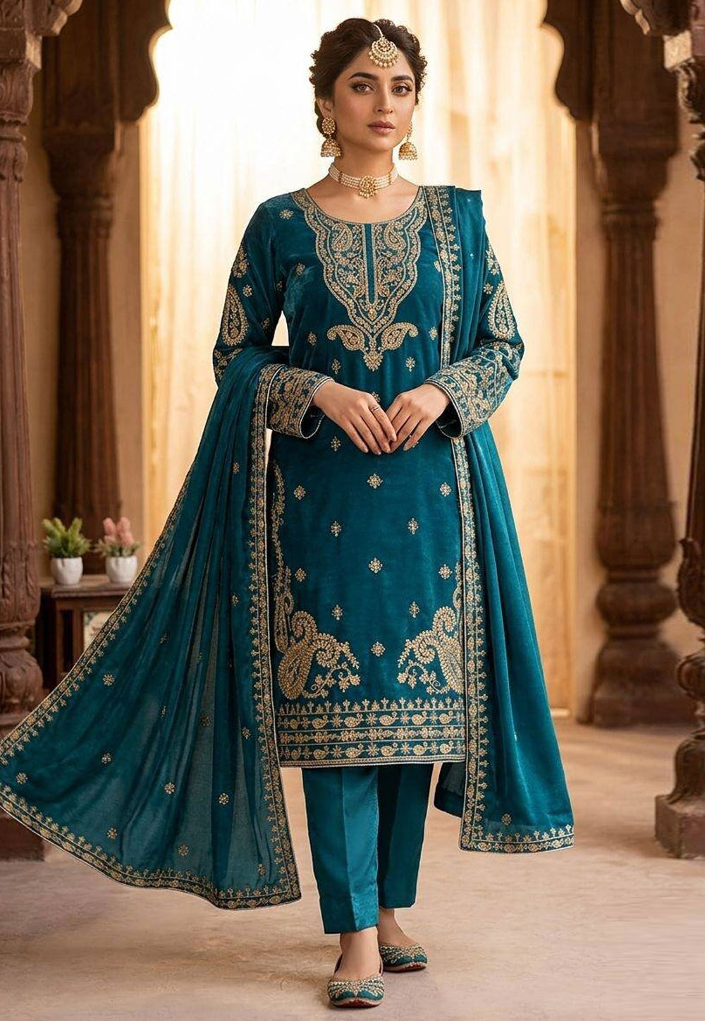 Teal Silk Readymade Pant Style Suit 329807