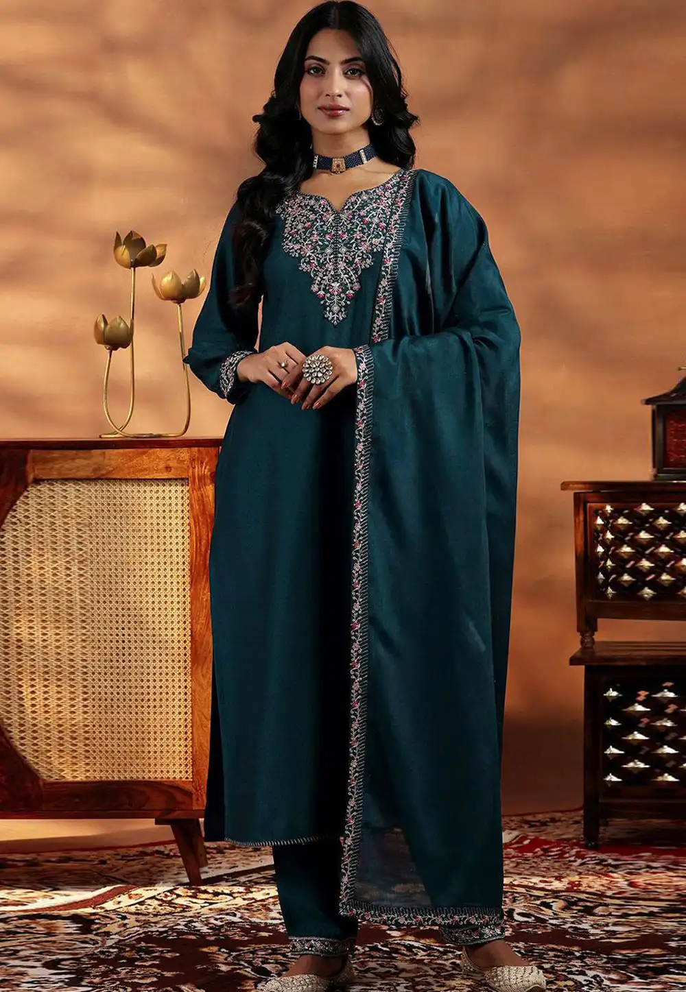 Teal Silk Readymade Pant Style Suit 317175