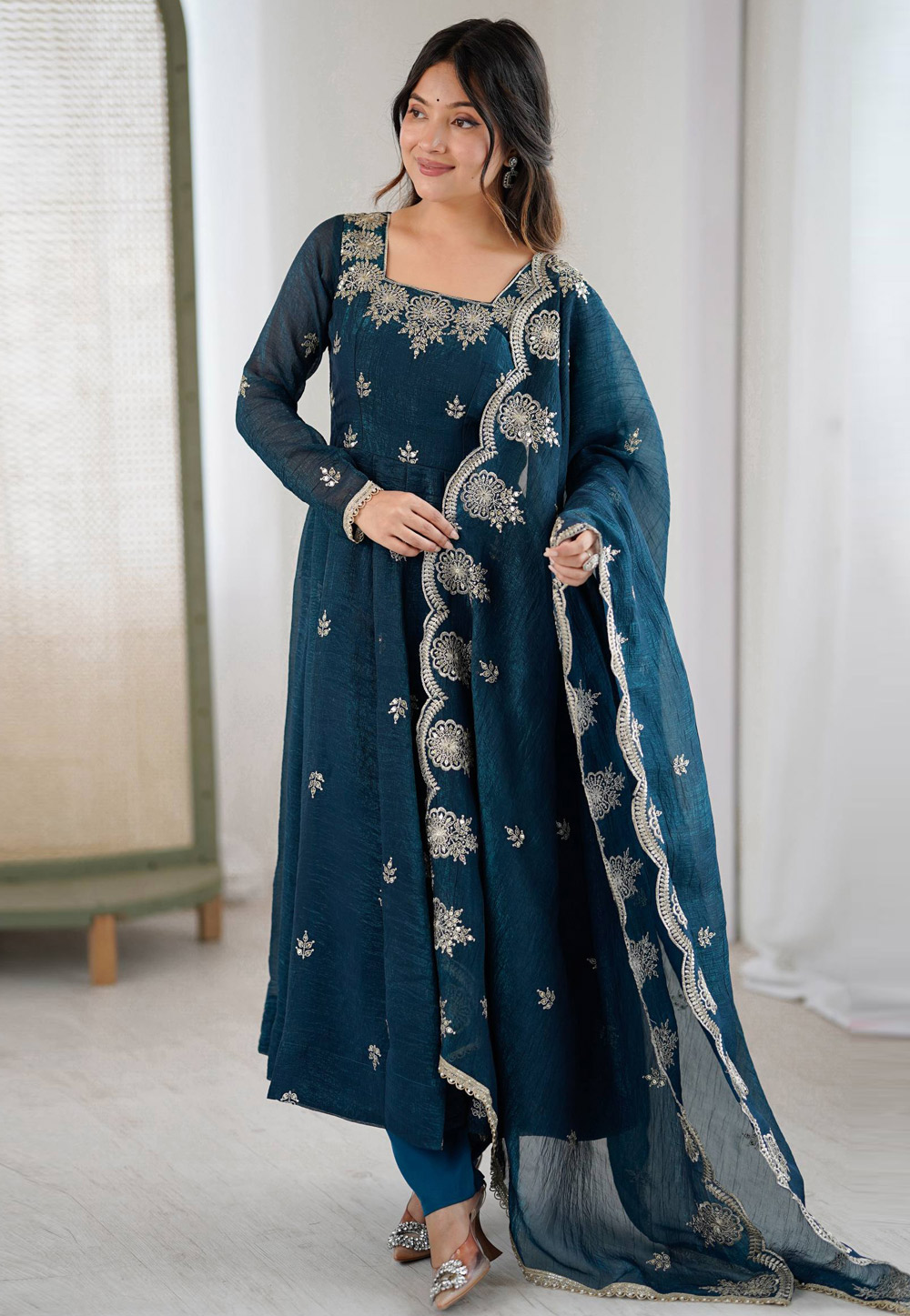 Teal Silk Readymade Pant Style Suit 325336