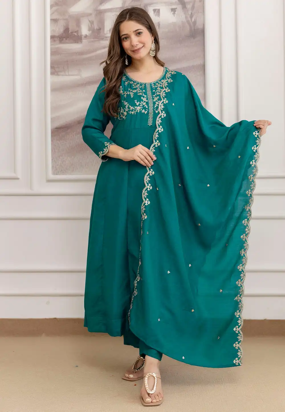 Teal Silk Readymade Pant Style Suit 319894