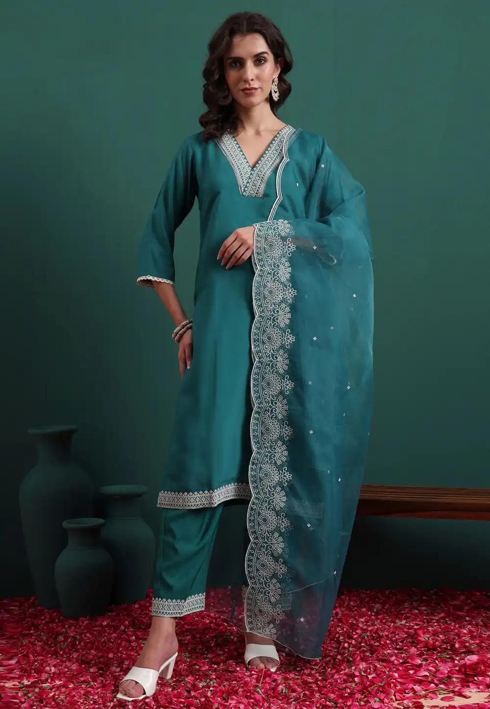 Teal Silk Readymade Pant Style Suit 324501
