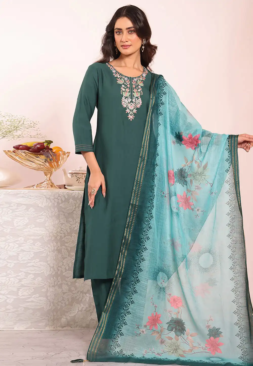 Teal Silk Readymade Pant Style Suit 325513