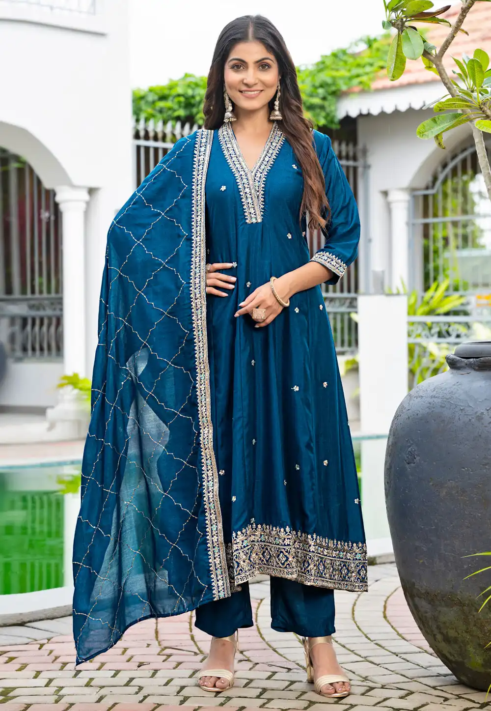 Teal Silk Readymade Pant Style Suit 326947