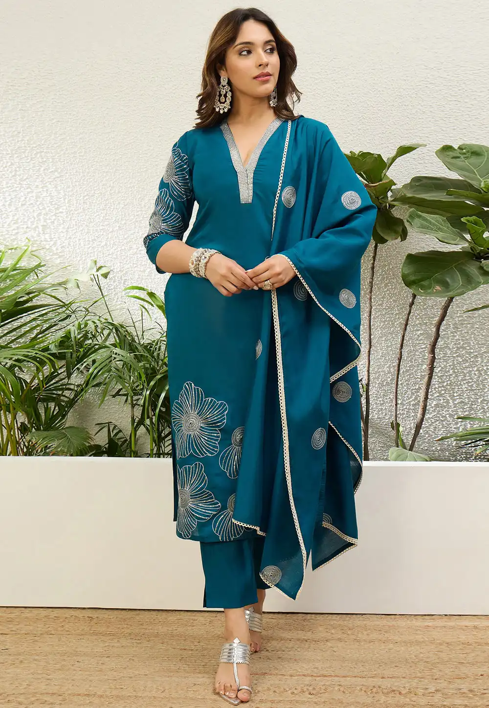 Teal Silk Readymade Pant Style Suit 329579