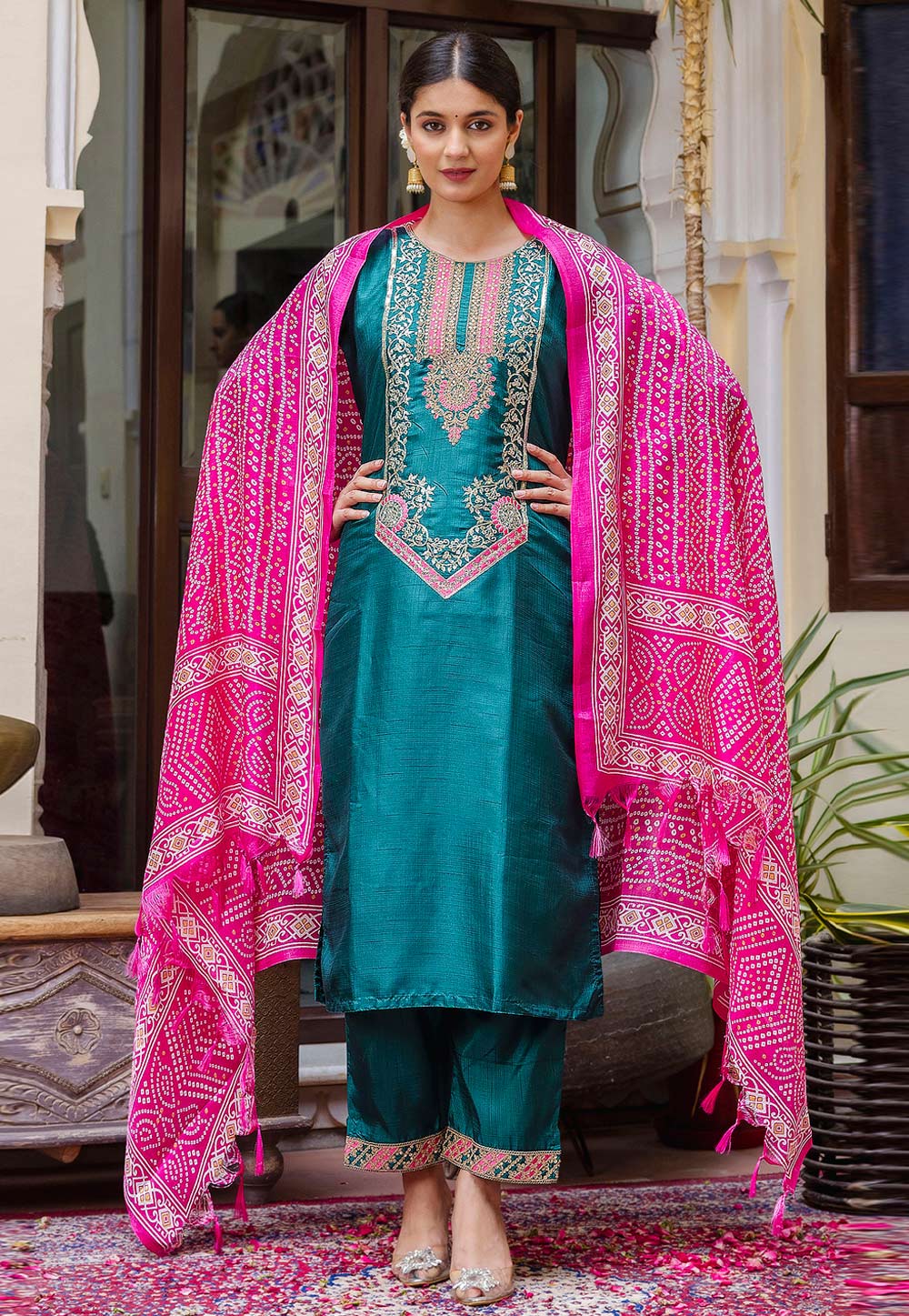 Teal Silk Readymade Pant Style Suit 329960