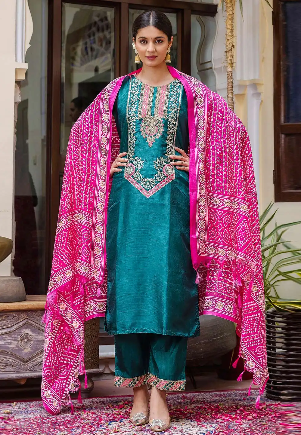 Teal Silk Readymade Pant Style Suit 329960