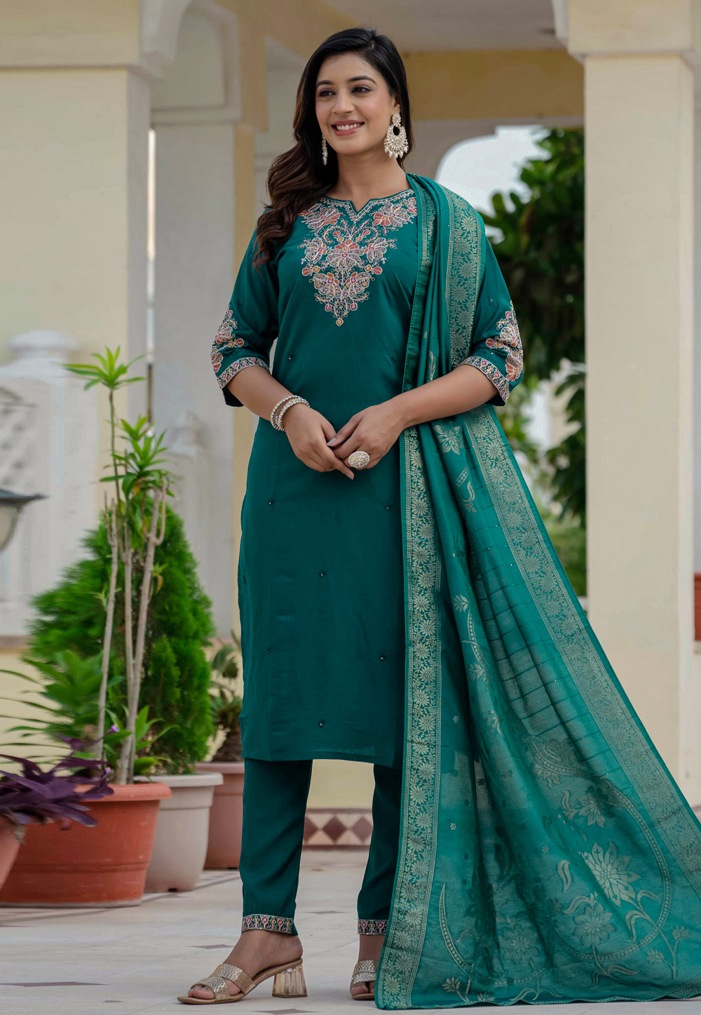 Teal Silk Readymade Pant Style Suit 321407