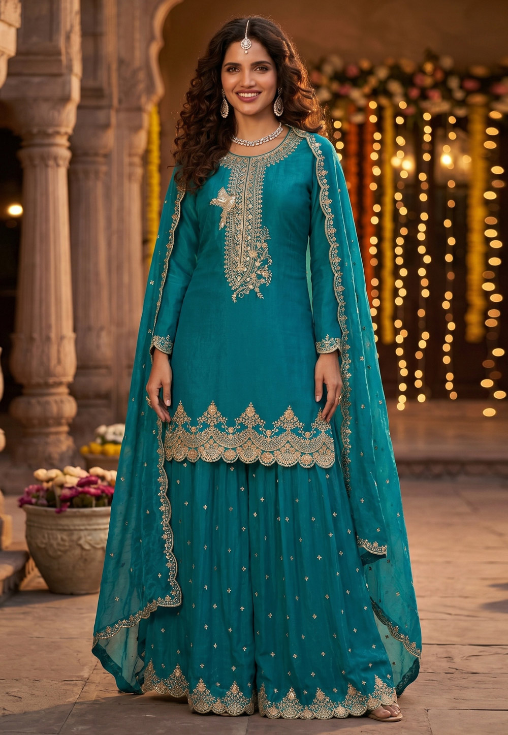 Teal Silk Readymade Sharara Suit 328688