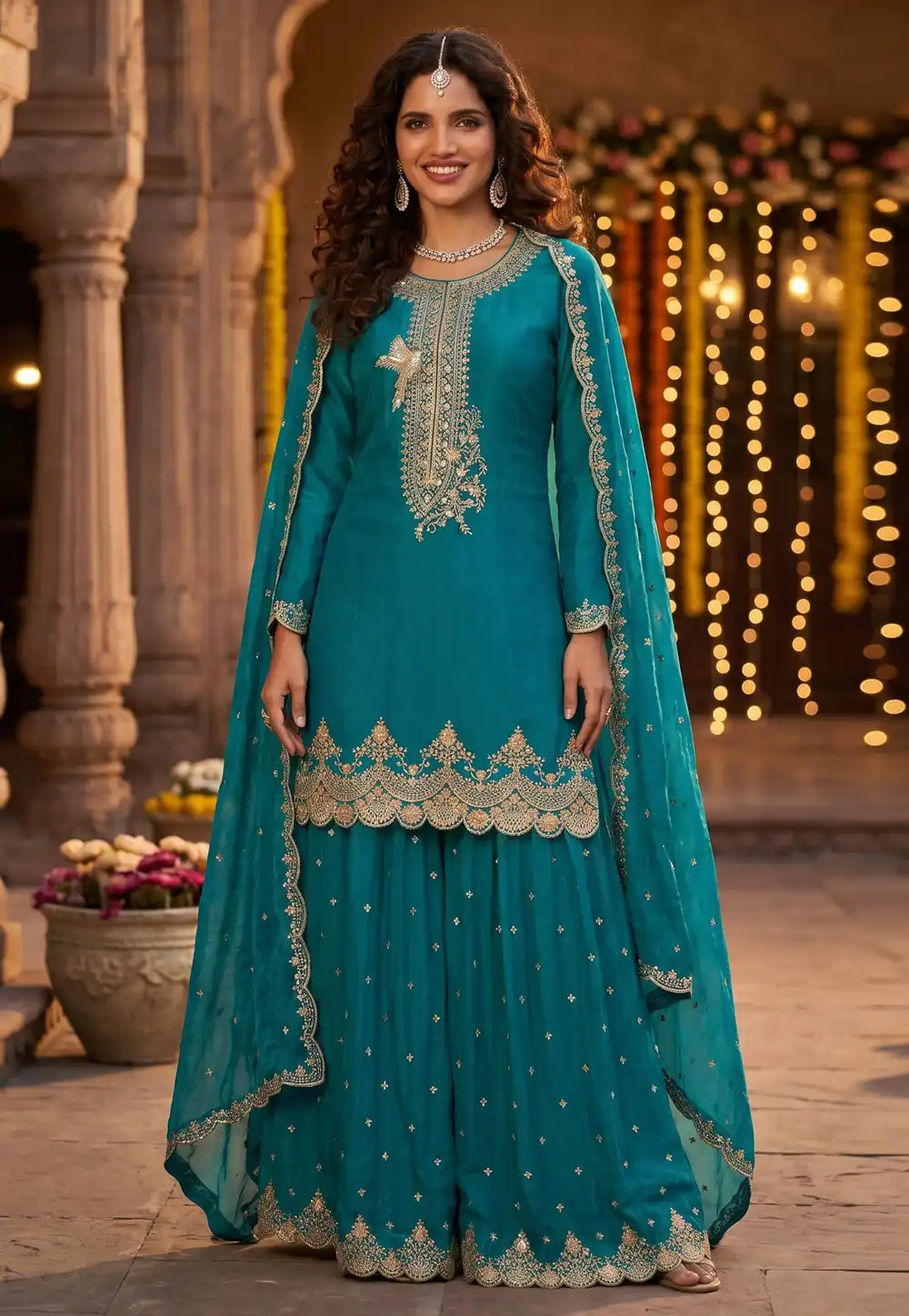 Teal Silk Readymade Sharara Suit 328688