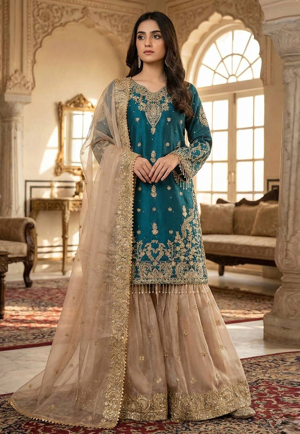 Teal Silk Readymade Sharara Suit 323902