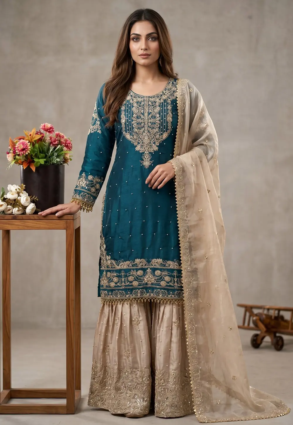 Teal Silk Readymade Sharara Suit 331999