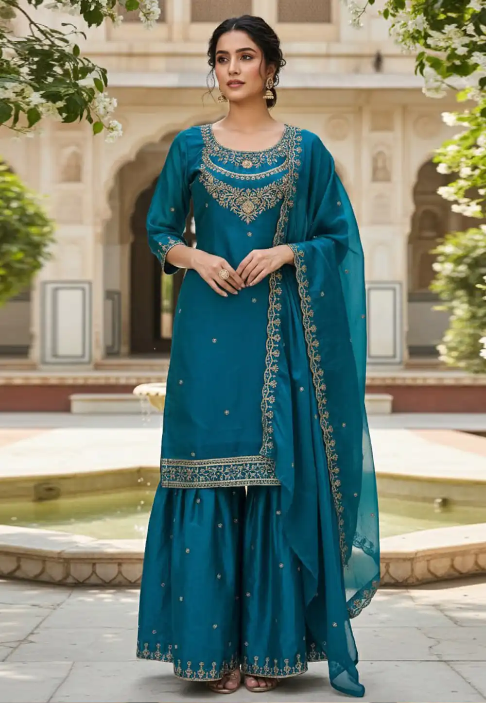 Teal Silk Readymade Sharara Suit 324187